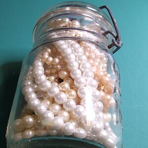 Vintage Ball Jar Filled with Faux Pearl Jewelry Cottagecore Grandmacore